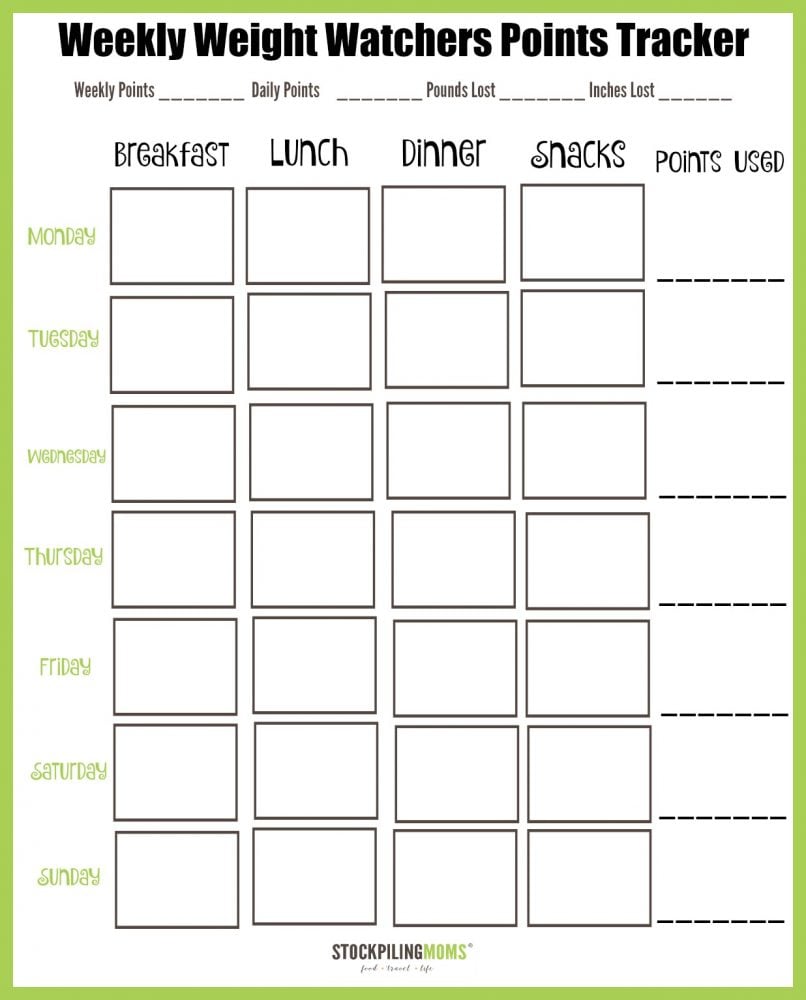 weight watchers weekly points tracker free printable - stockpiling